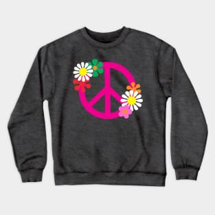Pink Hippie Peace Symbol and Flowers Crewneck Sweatshirt